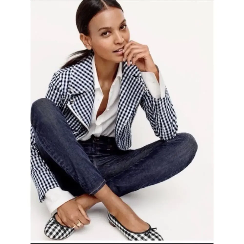 J.Crew Gingham Moto Jacket Size 6 NWT Navy White Check Biker Jacket
